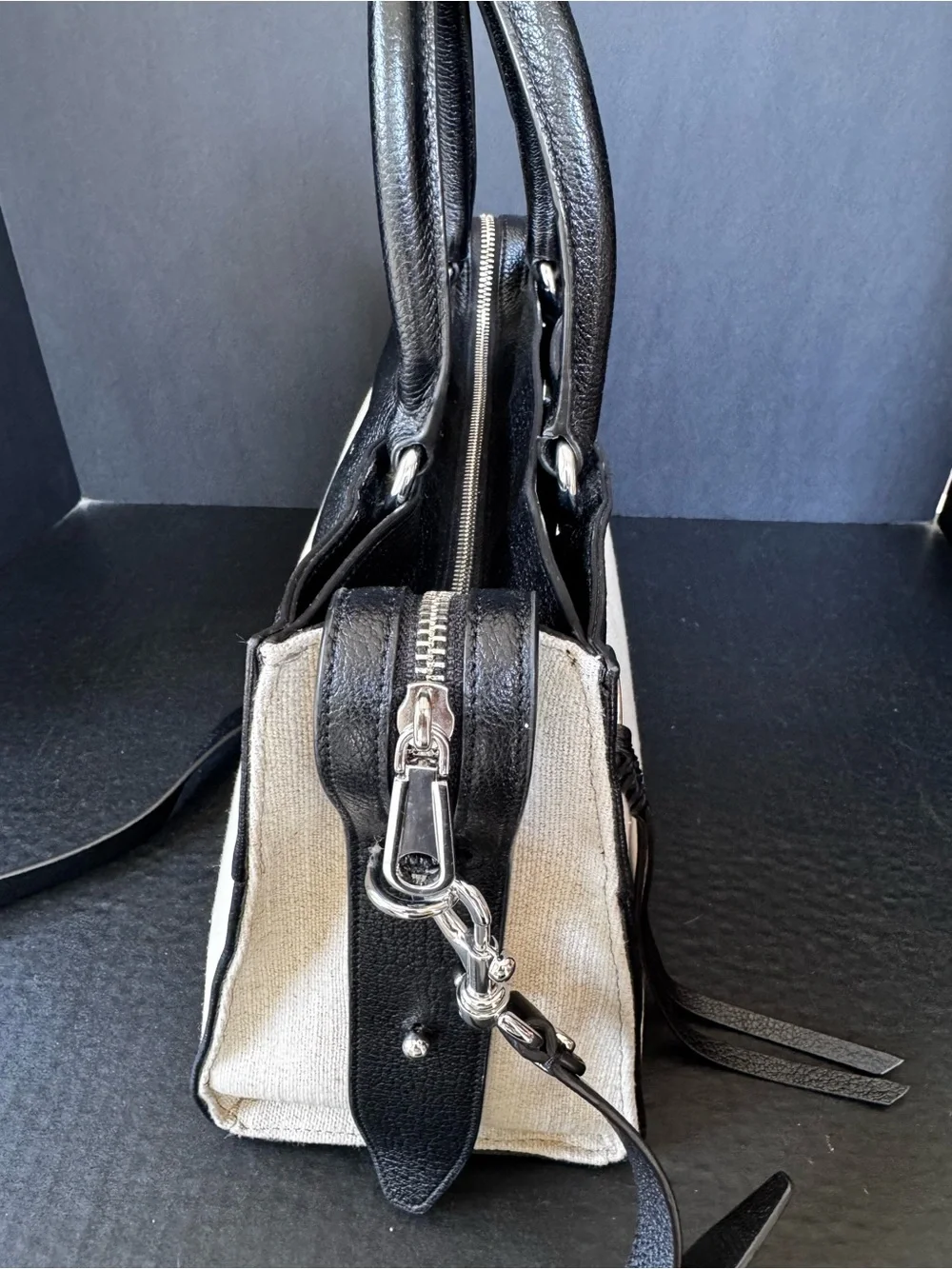 Rebecca Minkoff Black and Cream Fabric Structured Tote Bag